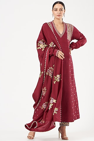 Maroon Embroidered A-Line Kalidar Kurta Set by Sue Mue