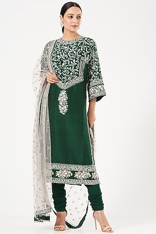Bottle Green Zari Embroidered Kurta Set by Sue Mue