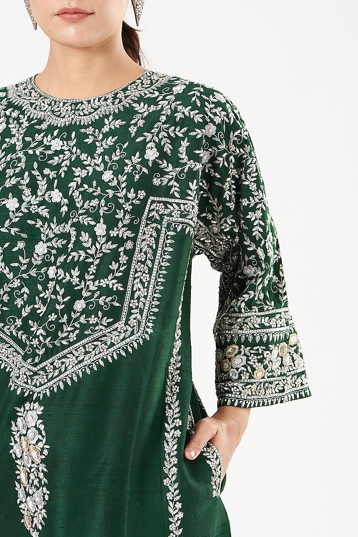 Bottle Green Zari Embroidered Kurta Set by Sue Mue at Pernia's Pop Up Shop