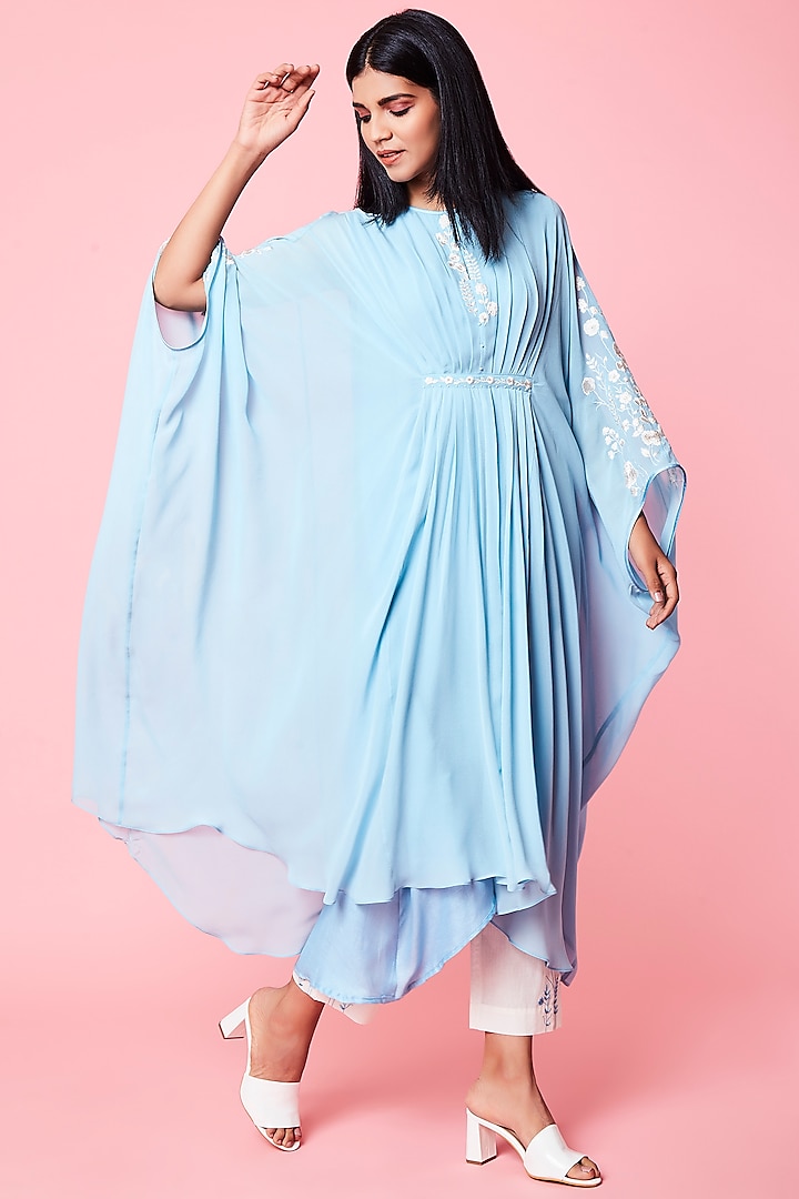 Sky Blue Machine Embroidered Kaftan Set by Sue Mue