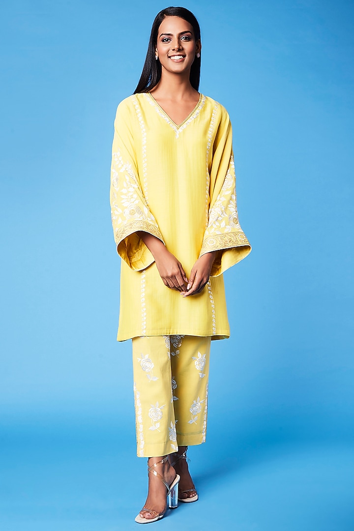 Yellow Parsi Embroidered Tunic Set by Sue Mue