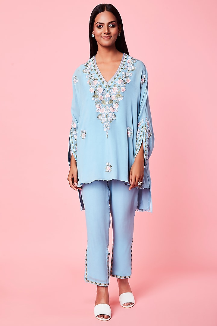 Powder Blue Embroidered Pant Set by Sue Mue