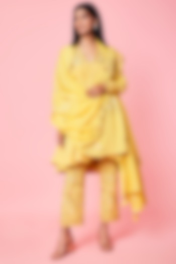 Yellow Machine Embroidered Anarkali Set by Sue Mue