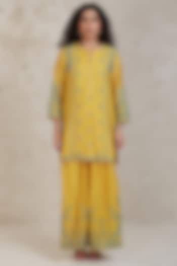 Yellow Handwoven Pure Chanderi Embroidered Kurta Set by Sue Mue