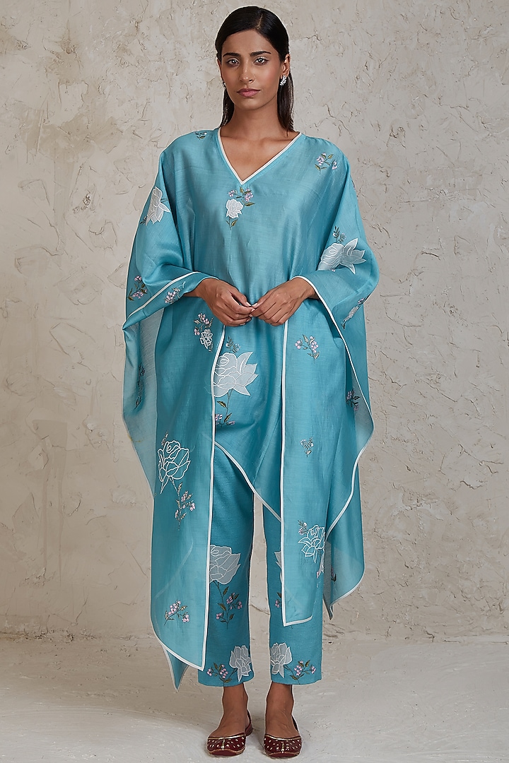 Blue Handwoven Pure Chanderi Embroidered Kaftan Set by Sue Mue