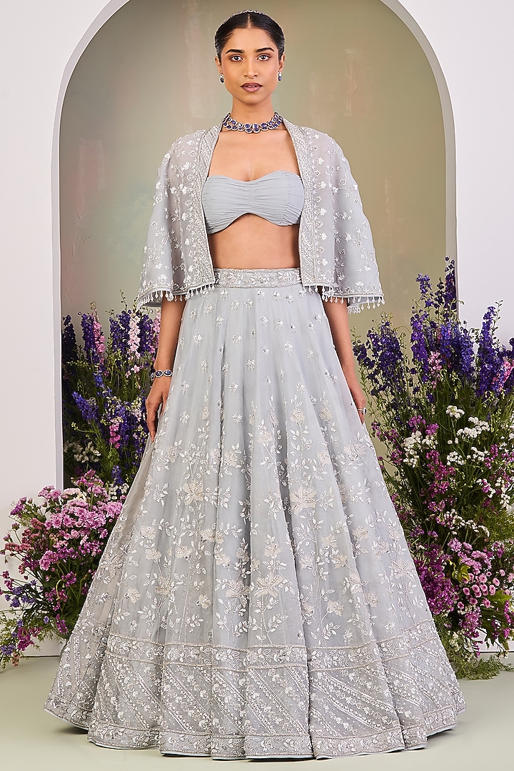 Ice Blue Pure Silk Organza Zari Work Kalidar Bridal Lehenga Set by Sue Mue at Pernia's Pop Up Shop