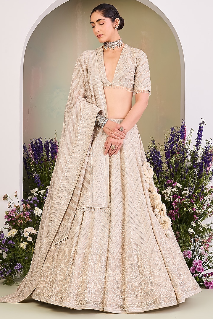 White & Beige Pure Silk Organza Sequins Embroidered Kalidar Bridal Lehenga Set by Sue Mue at Pernia's Pop Up Shop