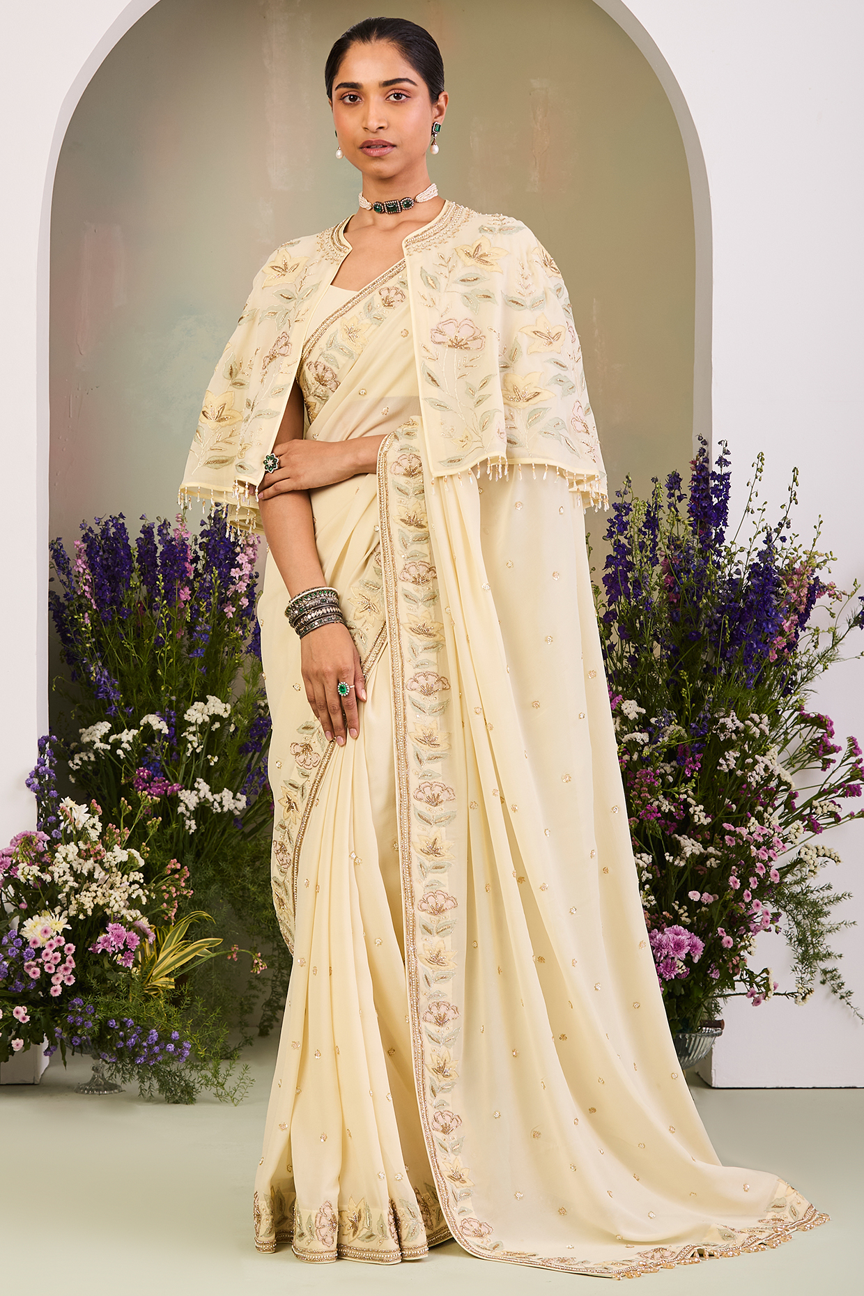 Light Yellow Pure Georgette Sequins Embroidered Jacket Reception Saree Set by Sue Mue at Pernia's Pop Up Shop