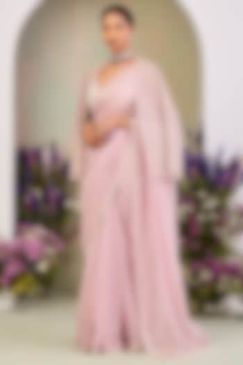 Pastel Pink Handwoven Silk Chanderi Embroidered Jacket Reception Saree Set by Sue Mue at Pernia's Pop Up Shop