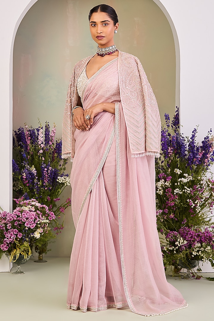 Pastel Pink Handwoven Silk Chanderi Embroidered Jacket Reception Saree Set by Sue Mue at Pernia's Pop Up Shop