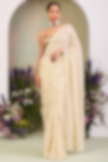 Light Yellow Pure Chiffon Zari Embroidered Reception Saree Set by Sue Mue at Pernia's Pop Up Shop