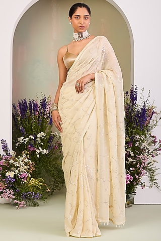 Light Yellow Pure Chiffon Zari Embroidered Saree Set by Sue Mue