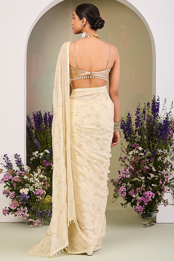 Light Yellow Pure Chiffon Zari Embroidered Reception Saree Set by Sue Mue at Pernia's Pop Up Shop