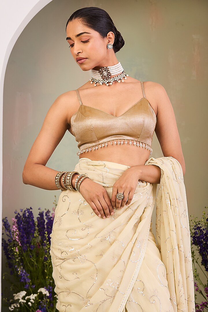 Light Yellow Pure Chiffon Zari Embroidered Reception Saree Set by Sue Mue at Pernia's Pop Up Shop