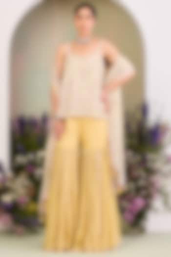 Pastel Yellow Pure Chiffon Gharara Set by Sue Mue at Pernia's Pop Up Shop