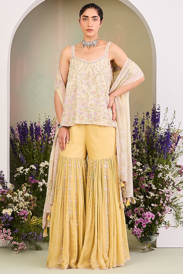 Pastel Yellow Pure Chiffon Gharara Set by Sue Mue at Pernia's Pop Up Shop