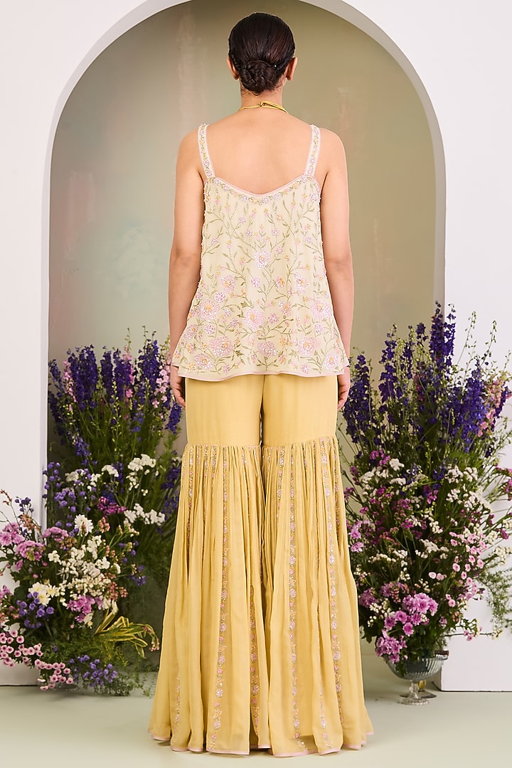 Pastel Yellow Pure Chiffon Gharara Set by Sue Mue at Pernia's Pop Up Shop