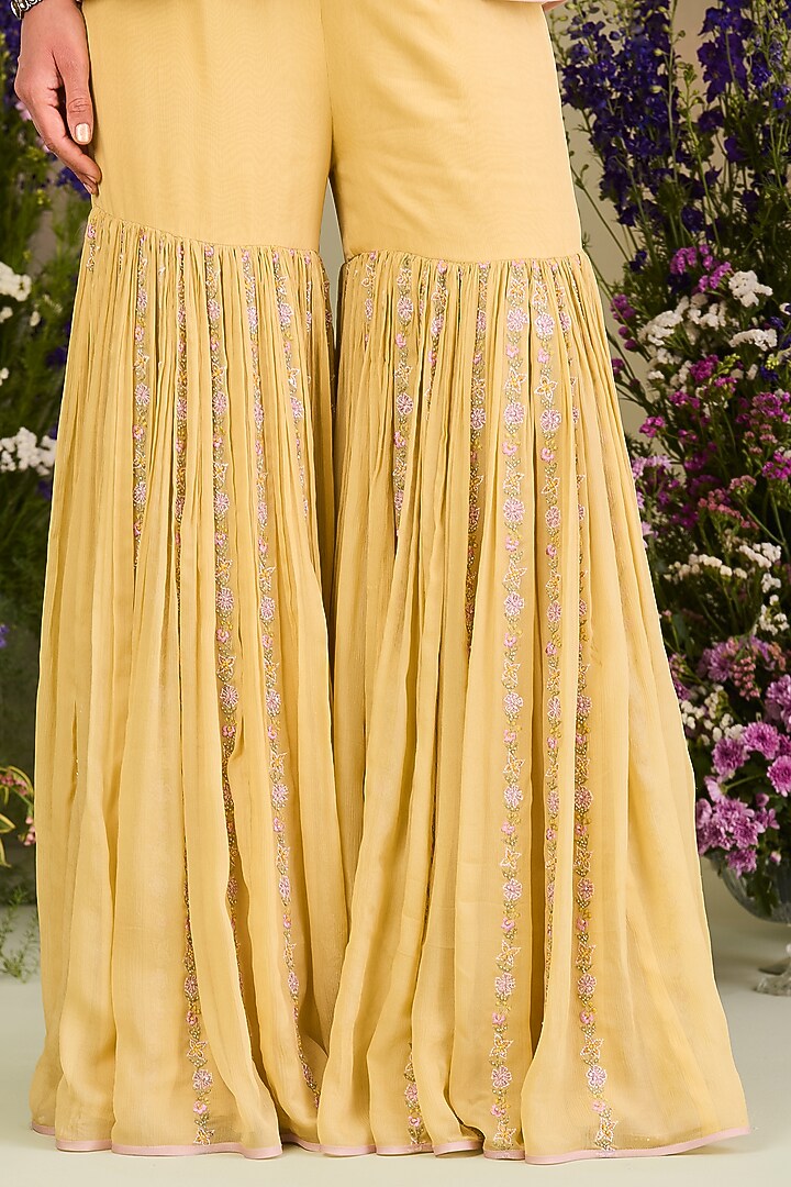 Pastel Yellow Pure Chiffon Gharara Set by Sue Mue at Pernia's Pop Up Shop