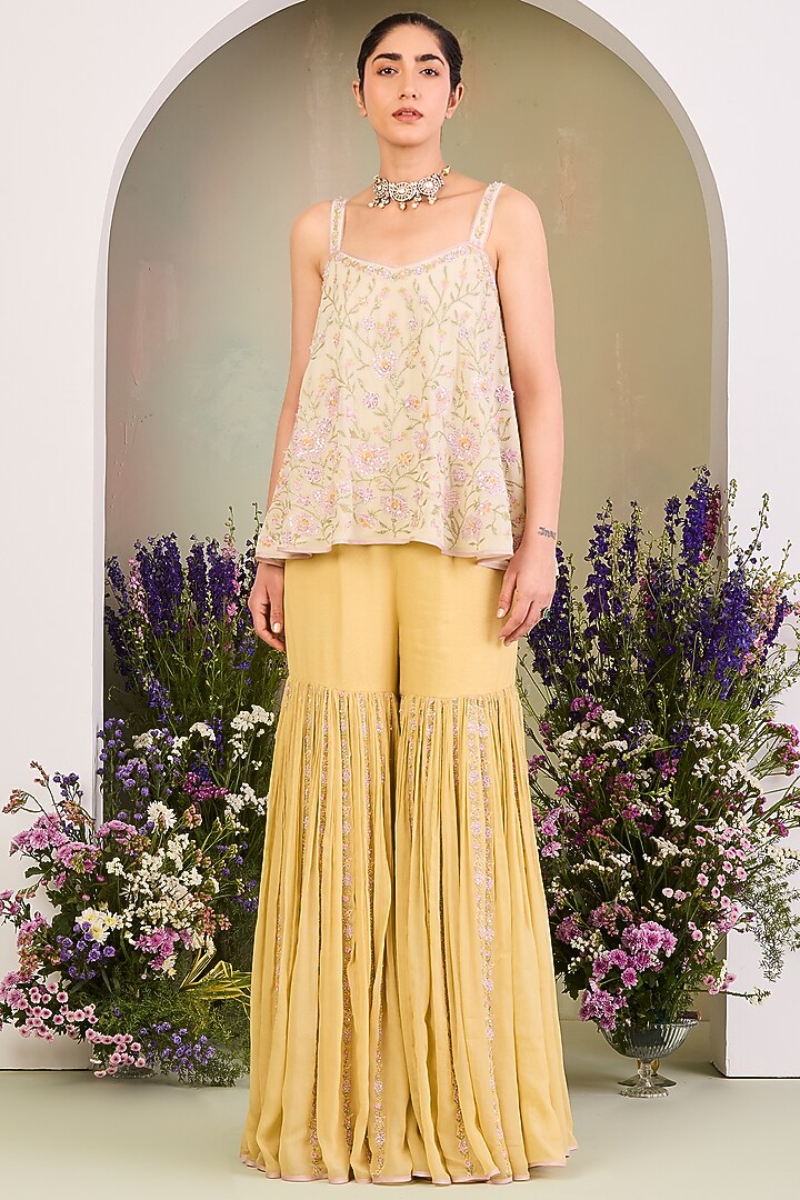 Pastel Yellow Pure Chiffon Gharara Set by Sue Mue at Pernia's Pop Up Shop