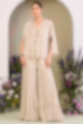 White & Beige Pure Georgette Gharara Set by Sue Mue at Pernia's Pop Up Shop