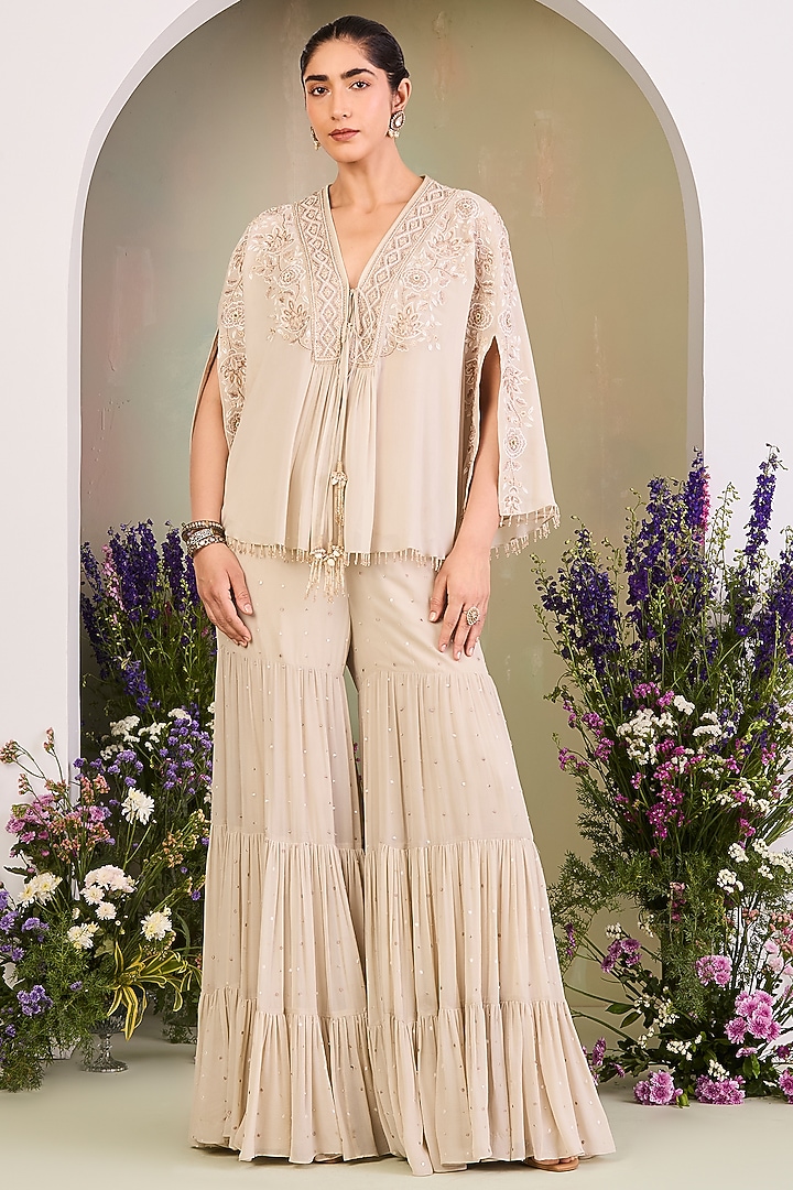 White & Beige Pure Georgette Gharara Set by Sue Mue at Pernia's Pop Up Shop