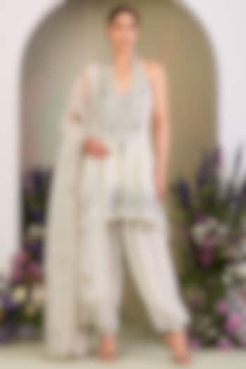 Greenish White Pure Silk Organza Sequins Work Bridal Anarkali Set by Sue Mue at Pernia's Pop Up Shop