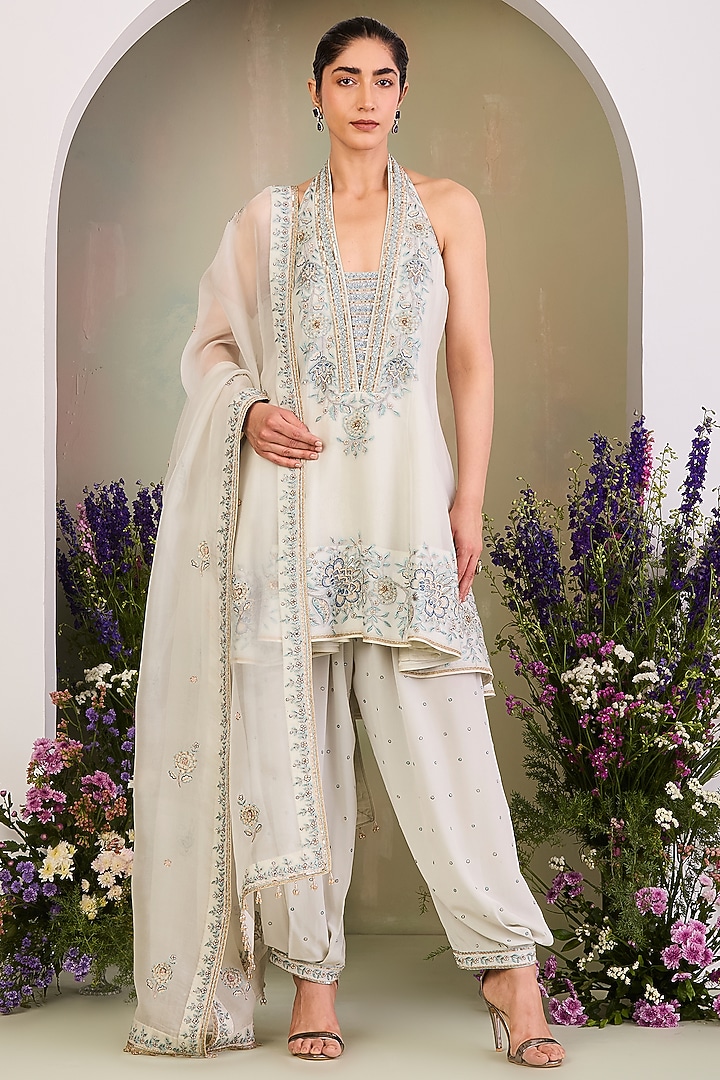 Greenish White Pure Silk Organza Sequins Work Bridal Anarkali Set by Sue Mue at Pernia's Pop Up Shop