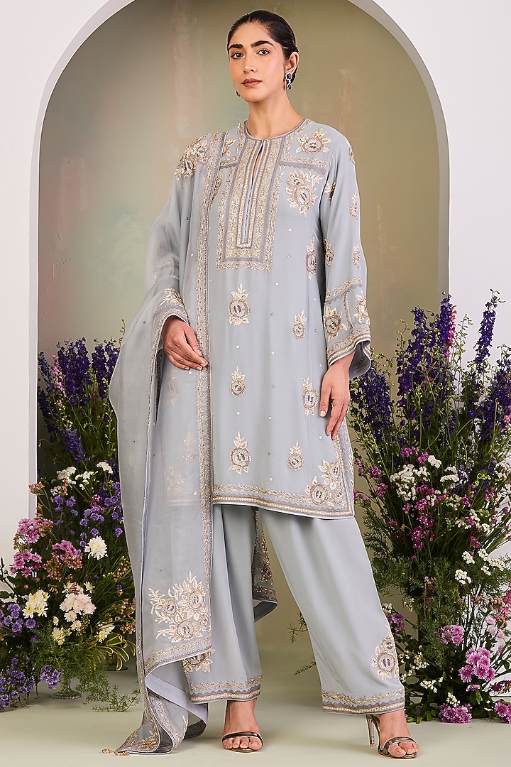 Ice Blue Pure Georgette Embroidered Kurta Set by Sue Mue at Pernia's Pop Up Shop