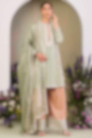 Sage Green Pure Georgette Sequins Embroidered Kurta Set by Sue Mue at Pernia's Pop Up Shop