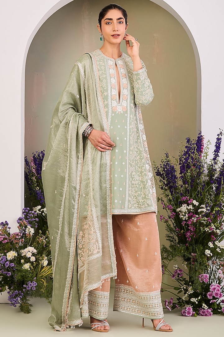Sage Green Pure Georgette Sequins Embroidered Kurta Set by Sue Mue at Pernia's Pop Up Shop