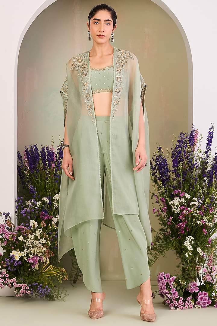 Sage Green Pure Silk Organza Embroidered Cape Set by Sue Mue at Pernia's Pop Up Shop