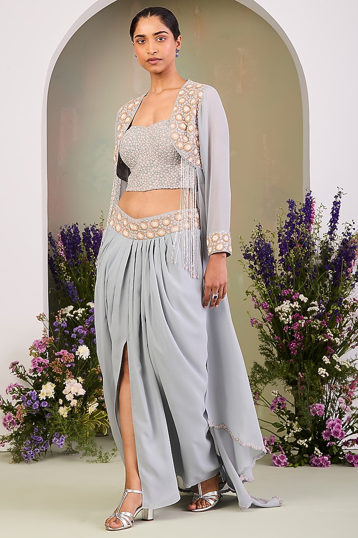 Ice Blue Pure Georgette Embroidered Cape Set by Sue Mue at Pernia's Pop Up Shop