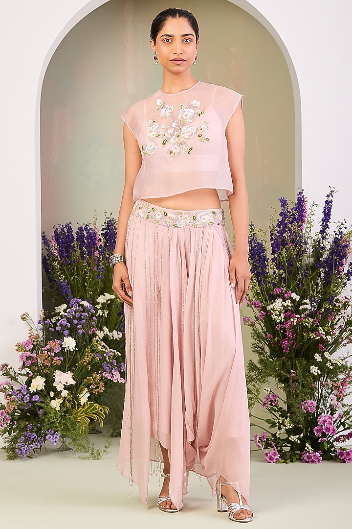 Pastel Pink Pure Chiffon Draped Skirt Set by Sue Mue at Pernia's Pop Up Shop