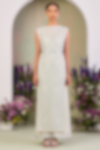 Greenish White Pure Silk Organza Embroidered Cape Party Wear Dress by Sue Mue at Pernia's Pop Up Shop