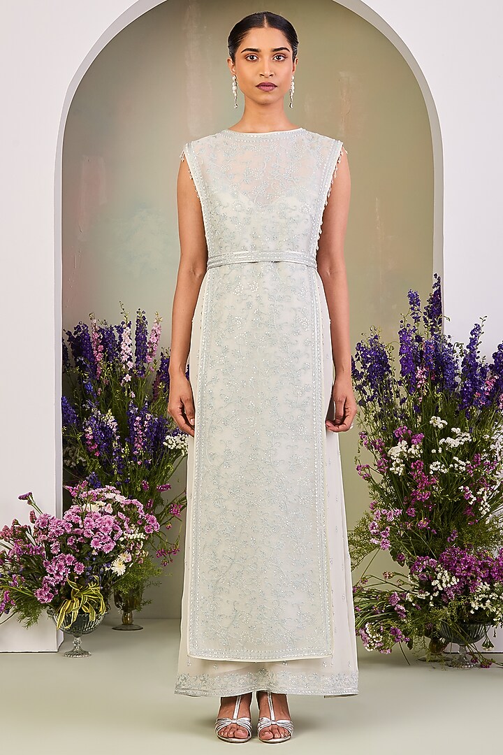 Greenish White Pure Silk Organza Embroidered Cape Party Wear Dress by Sue Mue at Pernia's Pop Up Shop