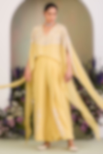 Pastel Yellow Pure Georgette Sequins Work Cape Jumpsuit by Sue Mue at Pernia's Pop Up Shop