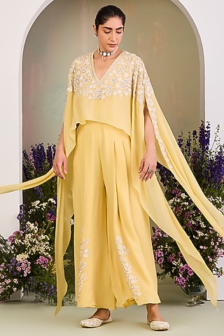 Pastel Yellow Pure Georgette Sequins Work Cape Jumpsuit by Sue Mue