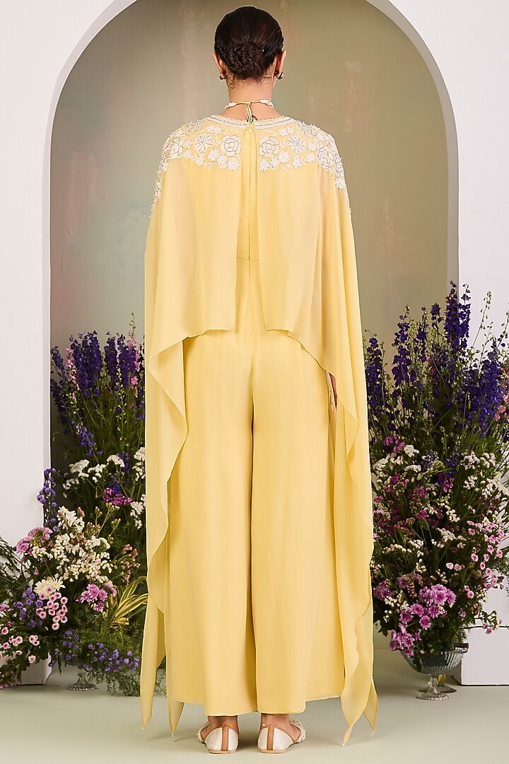Pastel Yellow Pure Georgette Sequins Work Cape Jumpsuit by Sue Mue at Pernia's Pop Up Shop
