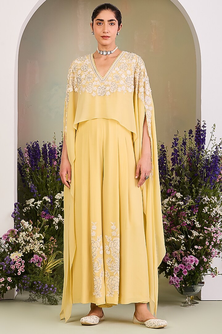 Pastel Yellow Pure Georgette Sequins Work Cape Jumpsuit by Sue Mue at Pernia's Pop Up Shop