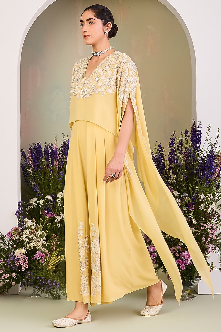 Pastel Yellow Pure Georgette Sequins Work Cape Jumpsuit by Sue Mue at Pernia's Pop Up Shop