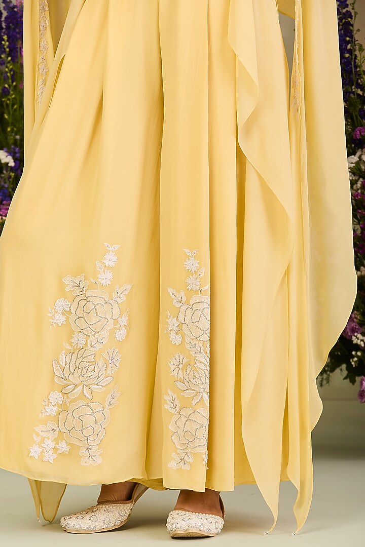 Pastel Yellow Pure Georgette Sequins Work Cape Jumpsuit by Sue Mue at Pernia's Pop Up Shop
