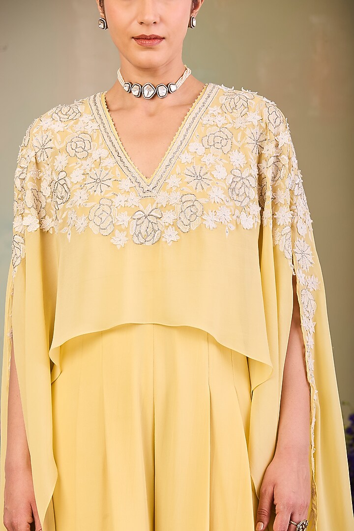Pastel Yellow Pure Georgette Sequins Work Cape Jumpsuit by Sue Mue at Pernia's Pop Up Shop