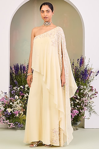 Light Yellow Pure Georgette Pearl Embroidered One Shoulder Jumpsuit by Sue Mue