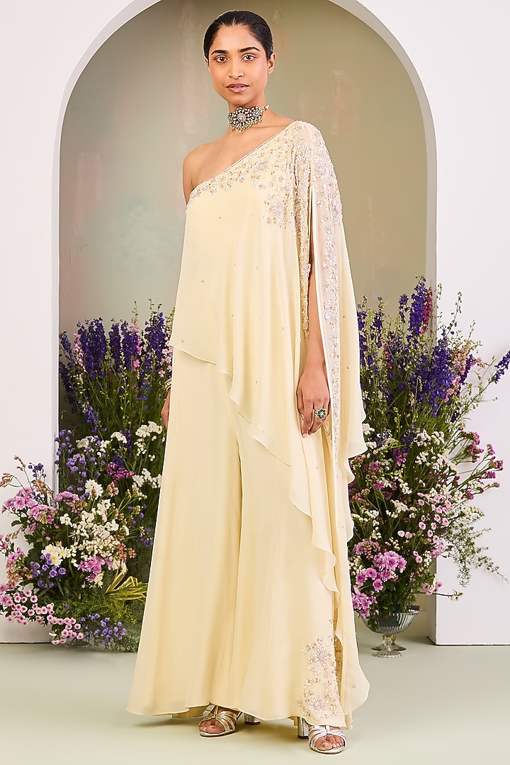 Light Yellow Pure Georgette Pearl Embroidered One Shoulder Jumpsuit by Sue Mue at Pernia's Pop Up Shop