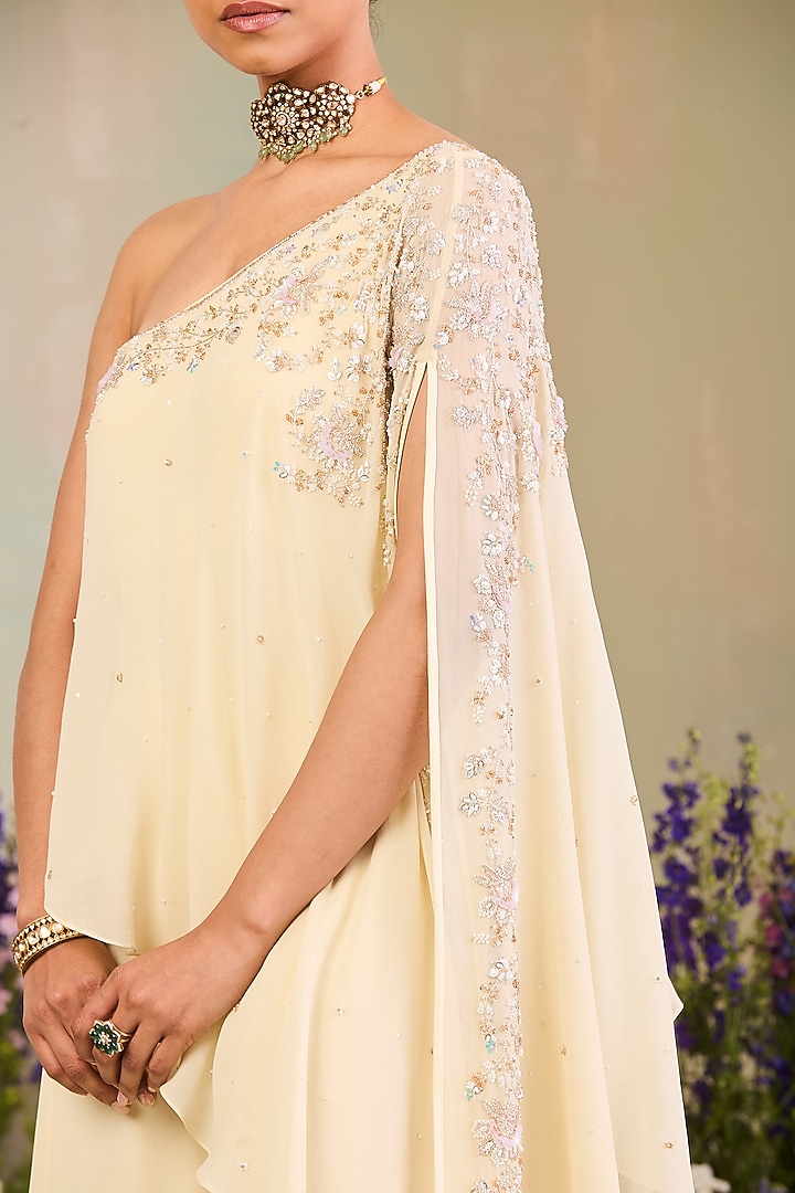 Light Yellow Pure Georgette Pearl Embroidered One Shoulder Jumpsuit by Sue Mue at Pernia's Pop Up Shop