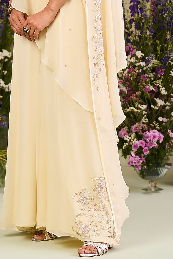 Light Yellow Pure Georgette Pearl Embroidered One Shoulder Jumpsuit by Sue Mue at Pernia's Pop Up Shop