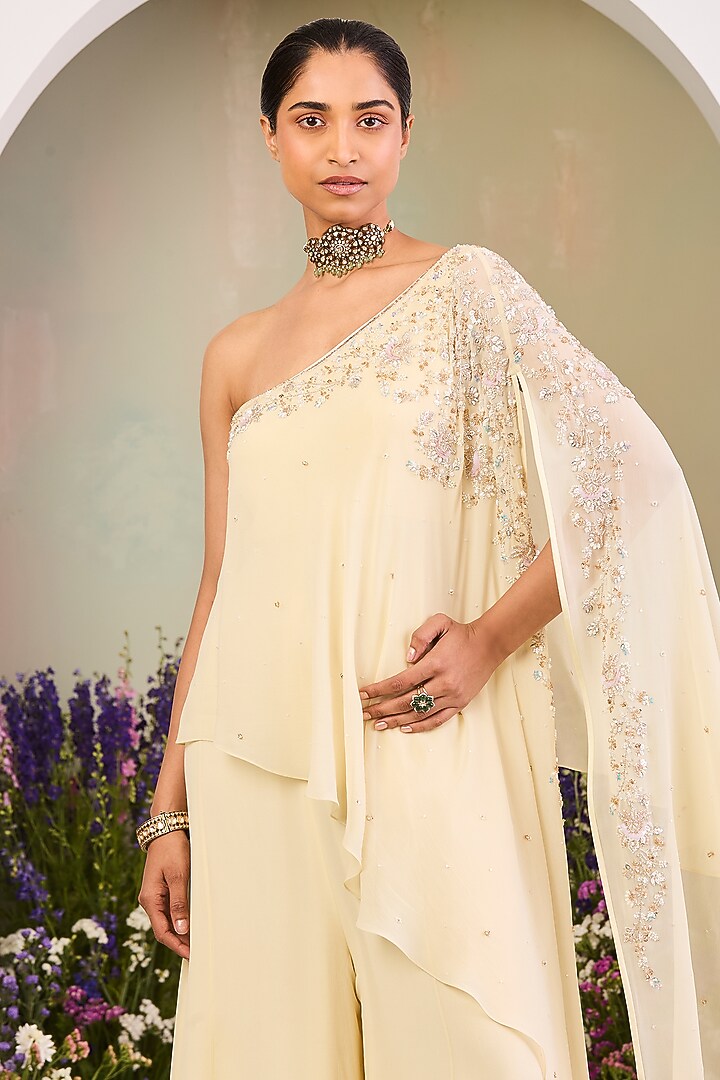 Light Yellow Pure Georgette Pearl Embroidered One Shoulder Jumpsuit by Sue Mue at Pernia's Pop Up Shop