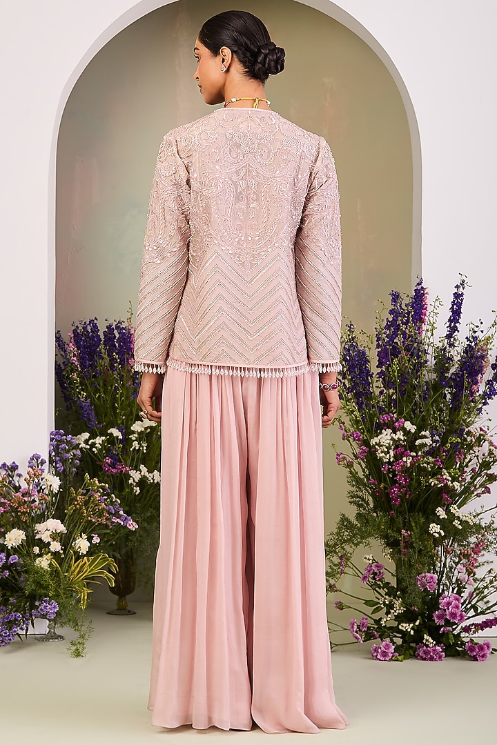Pastel Pink Pure Silk Organza Embroidered Jacket With Jumpsuit by Sue Mue at Pernia's Pop Up Shop