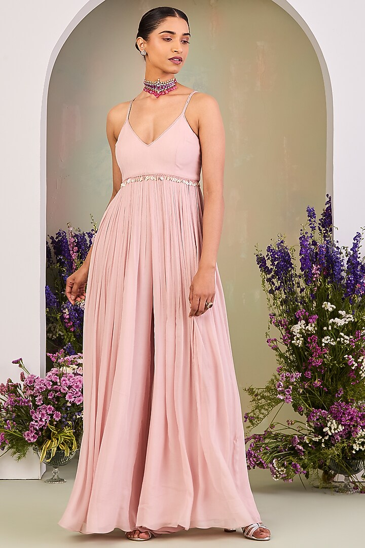 Pastel Pink Pure Silk Organza Embroidered Jacket With Jumpsuit by Sue Mue at Pernia's Pop Up Shop
