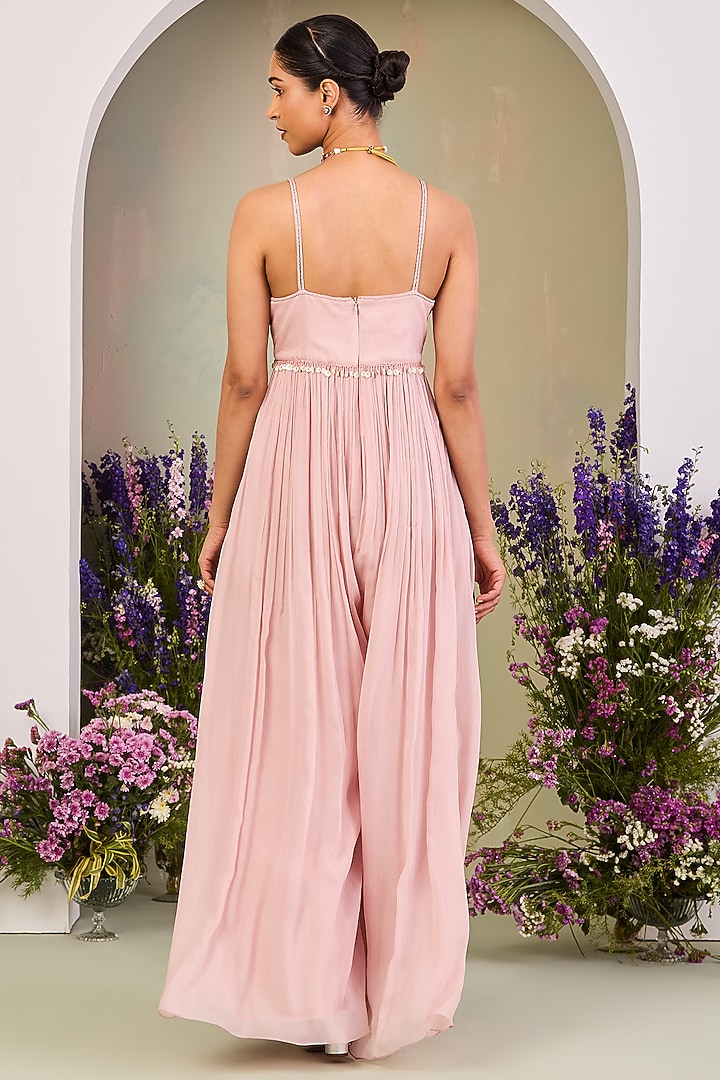 Pastel Pink Pure Silk Organza Embroidered Jacket With Jumpsuit by Sue Mue at Pernia's Pop Up Shop